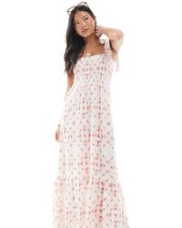 Miss Selfridge - Gestreepte Seersucker Maxi-Jurk Met Gestrikte Schouders En Stroken - Lyst