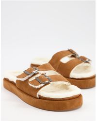 Mango Suede Slider Lounge Slippers With Faux Shearling Lining - Brown