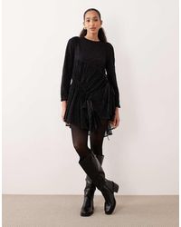 Ghospell - Cotton Blend Lace Ruched Tie Detail Mini Dress - Lyst