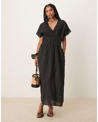 Mango - Midaxi Jurk Van Ramie- En Linnenmix Met Gedrapeerde Mouwen, Geplooid Detail - Lyst