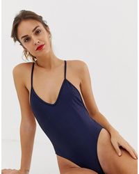 South Beach Costume da bagno blu navy lucido con scollo profondo e cut-out sul retro