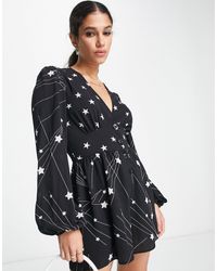 ASOS - Crepe Plunge Neck Playsuit With Puff Sleeve - Lyst
