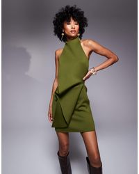 ASOS - – minikleid aus khakiem neopren-stoff mit neckholder und gefaltetem rückendetail - Lyst