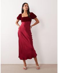 Nobody's Child - Elizabeth Velvet Square Neck Puff Sleeve Satin Midi Dress - Lyst