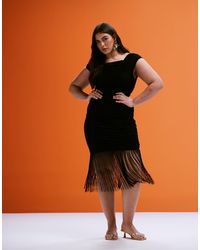 ASOS - Asos Design Curve Textured Asymmetric Neckline Midi Dress With Fringed Hem - Lyst