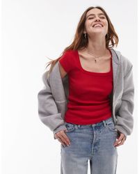 TOPSHOP - T-shirt côtelé à mancherons et encolure carrée - cerise - Lyst