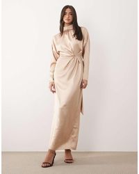 DASKA - Satin High Neck Long Sleeve Knot Detail Maxi Dress - Lyst