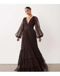 LACE & BEADS - Lace & Beads Bridesmaid Tulle Sheer Sleeve Plunge Neck Tiered Maxi Dress - Lyst