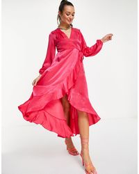 Flounce London Satin Long Sleeve Wrap Maxi Dress - Pink