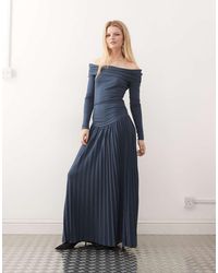 Lioness - Field Of Dreams Long Sleeve Foldover Bardot Ruched Drop Waist Pleated Maxi Dress - Lyst