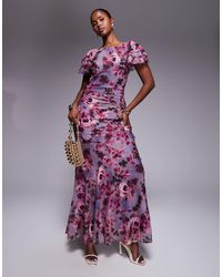 ASOS - Hoogsluitende Maxi Jurk Met Ruches Aan De Mouwen En Vintage Bloemenprint - Lyst