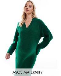 ASOS - Asos design maternity - robe longueur mollet en maille à col en v - foncé - Lyst