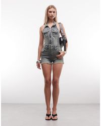 TRUE RELIGION - Jennie Denim Zip Up Halterneck Romper - Lyst