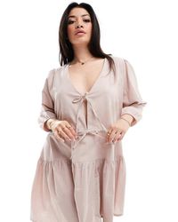 Esmee Curve - Esmee Exclusive Curve Linen Mix Long Sleeve Tiered Mini Tie Front Beach Dress Oat - Lyst