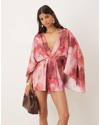 ASOS - Mono Corto Escotado Con Estampado Floral Y Mangas Extragrandes De - Lyst
