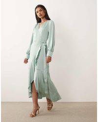 Vila - Long Sleeve Satin Wrap Midi Dress - Lyst