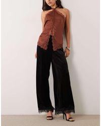 Jdy - Velvet Trousers With Lace Hem - Lyst