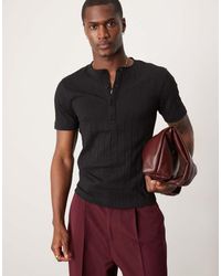 ASOS - T-Shirt Attillata Nera A Coste Con Scollo Serafino - Lyst
