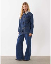 Abercrombie & Fitch - Longline Denim Barn Jacket With Plaid Collar - Lyst