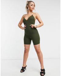 ASOS Облегающий Ромпер Цвета Хаки С Глубоким Вырезом - Зеленый