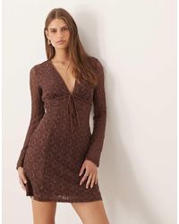 ASOS - Lace Long Sleeve Plunge Tie Front Mini Dress - Lyst