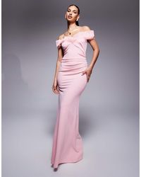 Goddiva - Fan Pleated Bardot Crepe Maxi Dress - Lyst