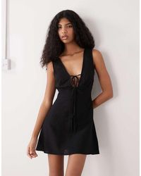 Monki - Linen Blend Tie Front Mini Dress - Lyst