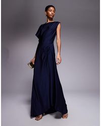 ASOS - Asos Design Tall Satin Asymmetric Neckline Maxi Dress With Pleat Shoulder And Skirt Detail - Lyst