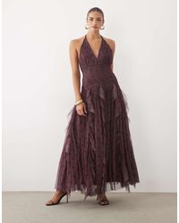 LACE & BEADS - Dobby Halter Neck Ruffle Skirt Maxi Dress - Lyst