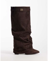 SEQWL - Ranger Faux Suede Fold Over Knee Boots - Lyst