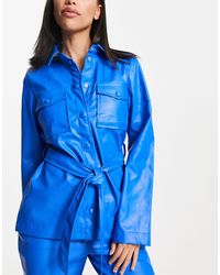 Pieces - Tie Waist Faux Leather Shirt Co-ord - Lyst
