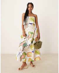 ASOS - Robe mi-longue avec encolure bandeau rabattue à imprimé tropical et godets - Lyst