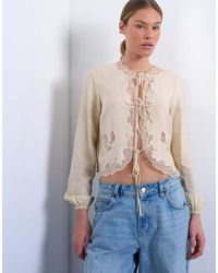 TOPSHOP - Delicate Tie Front Long Sleeve Top With Lace - Lyst