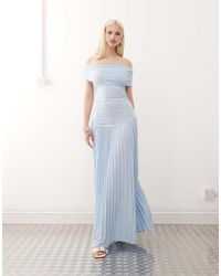 Lioness - Vestido Largo Con Escote Bardot Fruncido Plegado, Cintura Baja Y Falda Plisada Field Of Dreams De - Lyst