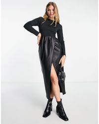 ASOS - 2 In 1 Long Sleeve Midi Dress With Pu Skirt In - Lyst