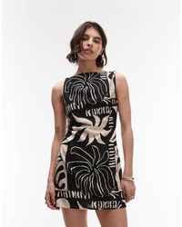 TOPSHOP - Robe courte en lin à bretelles torsadées avec imprimé abstrait - noir et blanc - Lyst