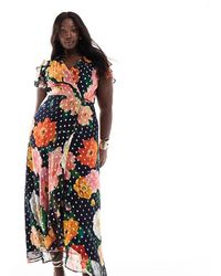 Hope & Ivy Plus - Vestido Semilargo Azul Marino Cruzado Con Estampado Floral, Mangas De Volantes Y Lazada En La Cintura De - Lyst