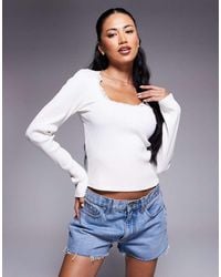 ASOS - Top A Maniche Lunghe Color Crema A Coste Con Scollo Rotondo E Finiture - Lyst