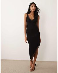 Mango - Asymmetric Hem Midi Dress With Lace Trim - Lyst
