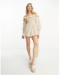 ASOS - Linen Look Shirred Bodice Romper With Bardot Long Sleeve - Lyst