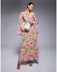 ASOS - Maxi Jurk Met V-Hals En Ruches Aan De Voorkant - Lyst