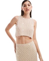 ASOS - Top Senza Maniche Premium Color Crema Con Decorazione A Griglia - Lyst