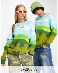 Reclaimed (vintage) Inspired Unisex Knit Sweater With Scenic Print - Green