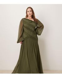 ASOS - Vestido Largo De Manga Larga Con Cuello Asimétrico Y Ribete De Encaje De Asos Design Curve-Verde - Lyst