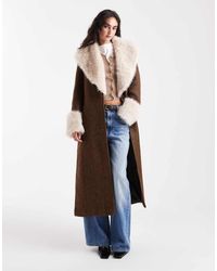 ASOS - Textured Longline Penny Lane Coat With Faux Fur Trim - Lyst