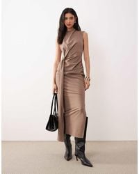 ASOS - High Neck Sleeveless Ruched Knot Front Midi Dress - Lyst