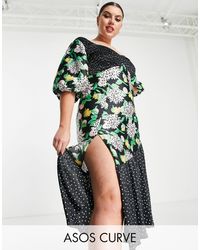 ASOS - Asos Design Curve Mixed Print Shirred Midi Tea Dress With Bubble Sleeve - Lyst