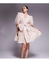 ASOS - Curve Jacquard Puff Sleeve Mini Dress With Bow Tie - Lyst