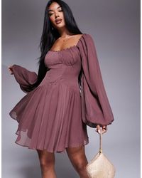 ASOS - Puff Sleeve Chiffon Lace Up Mini Skater Dress - Lyst