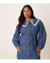 ASOS - Vestido Vaquero Corto De Manga Larga Con Lavado Y Solapas Extragrandes De Asos Design Curve - Lyst